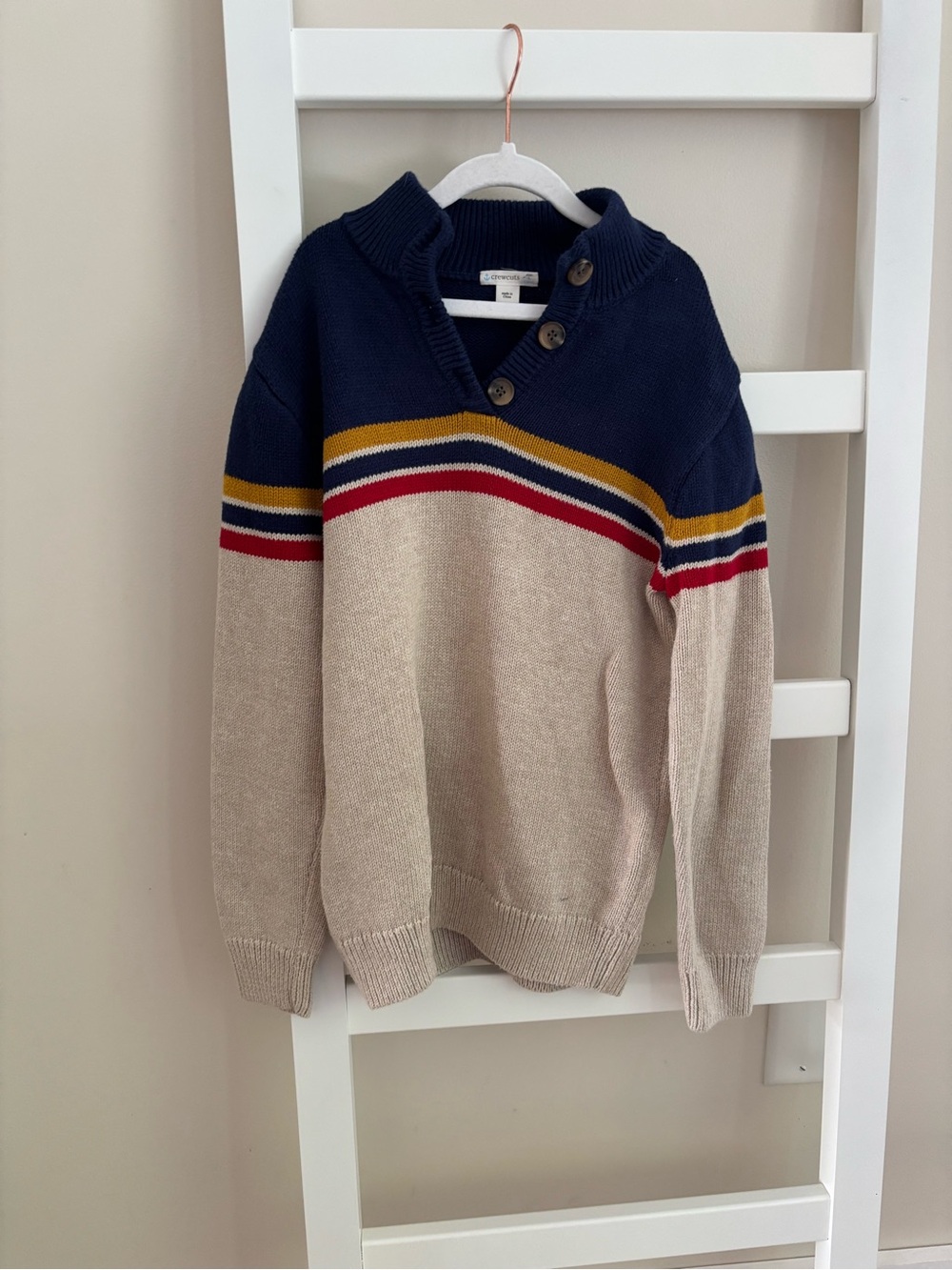 Crewcuts Navy and Beige Knit Button-Shoulder Stripe Sweater